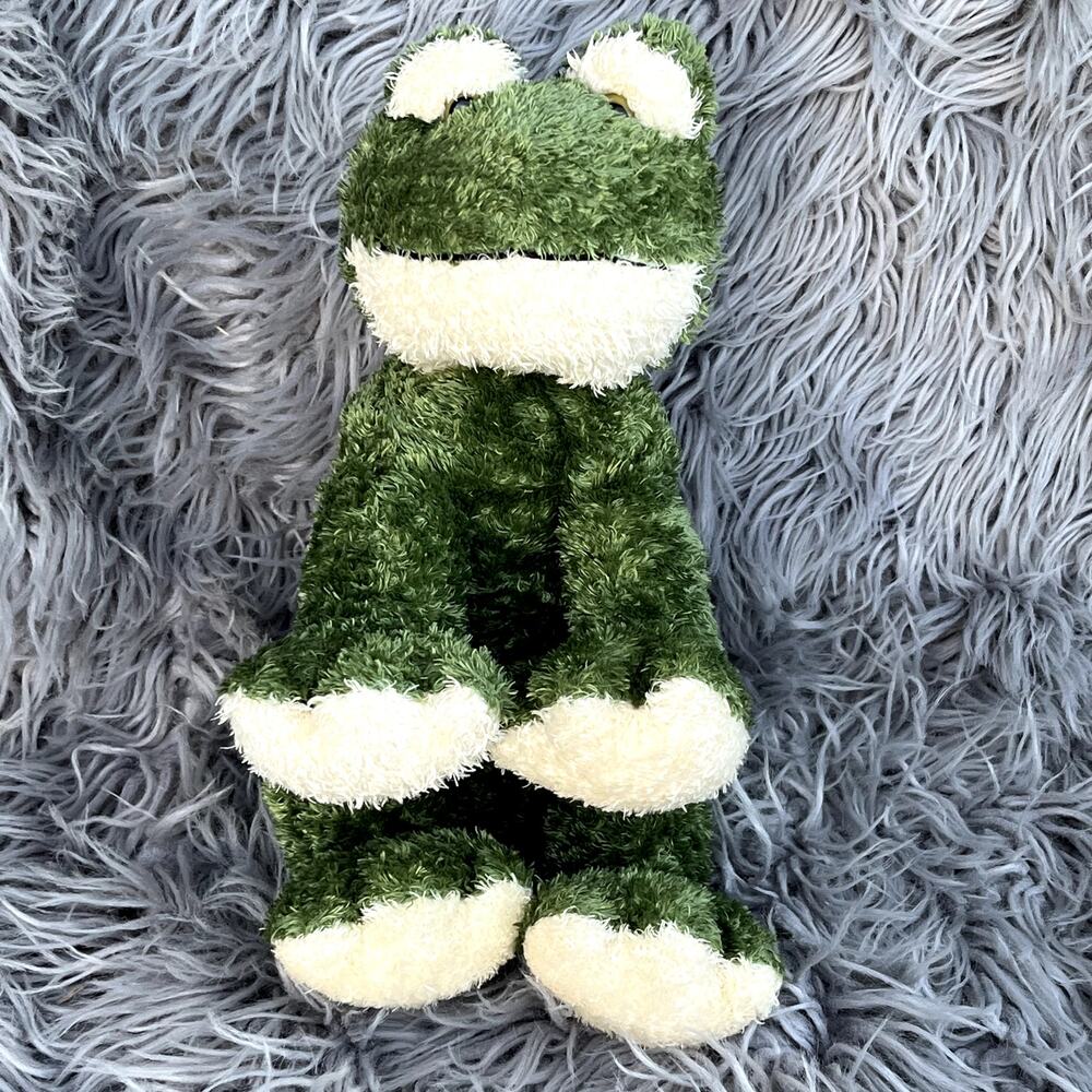 Plush Seated Green Frog Yellow Marble Eyes Soft Fur Plushie Stuffed Animal 9"